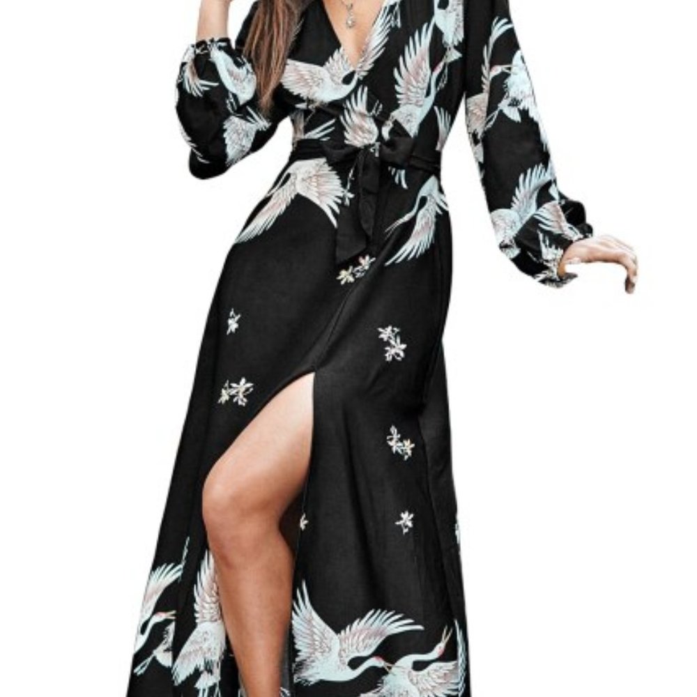 Maxi Crane Print Long Sleeve Wrap Dress NWT